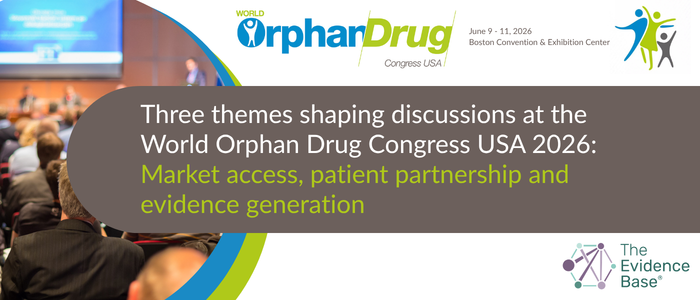 Promotional graphic for the World Orphan Drug Congress USA 2026 (June 9–11, Boston Convention & Exhibition Center) highlighting three themes shaping discussions: market access, patient partnership and evidence generation. Features a conference hall photo with attendees and the EVB (The Evidence Base) logo.