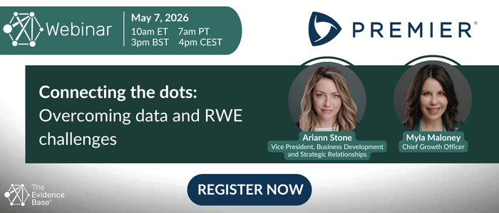 Webinar banner showing the title ‘Connecting the dots: Overcoming data and RWE challenges,’ the date and times, a red ‘Register Now’ button, the Premier, Inc. logo, and two speaker photos with their names and affiliations.